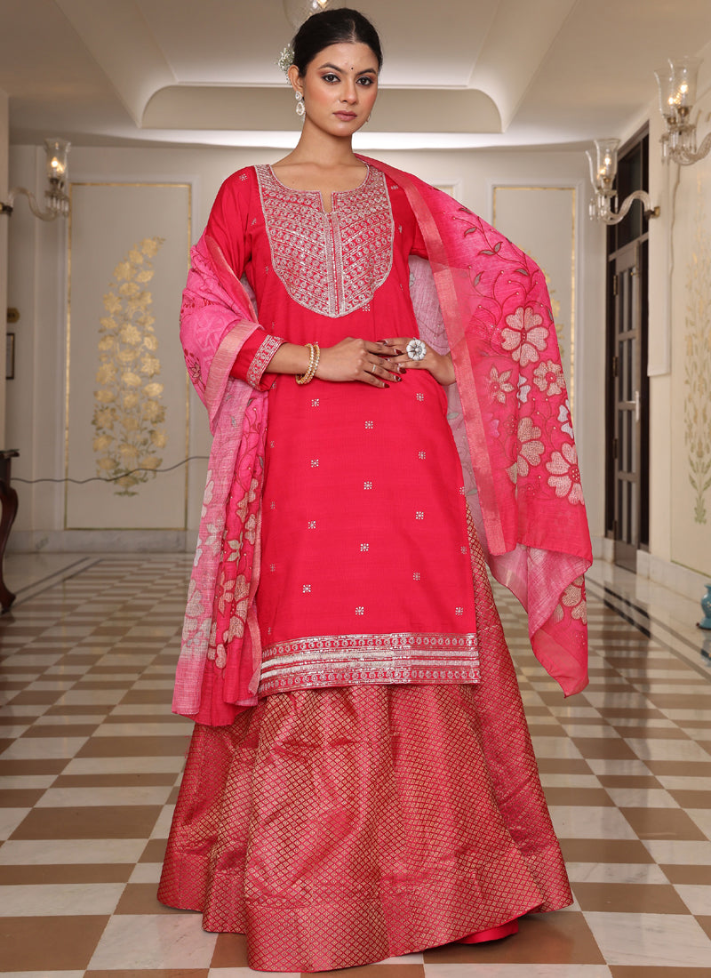 Prazu Fashion Pink Cotton Silk Embroidered Sequence Lehenga Style Suit