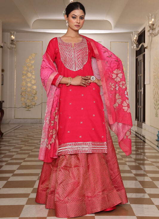 Prazu Fashion Pink Cotton Silk Embroidered Sequence Lehenga Style Suit