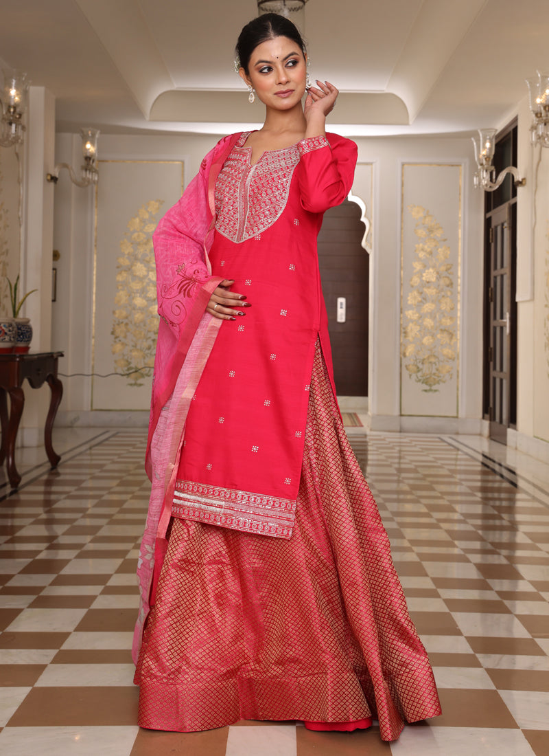 Prazu Fashion Pink Cotton Silk Embroidered Sequence Lehenga Style Suit