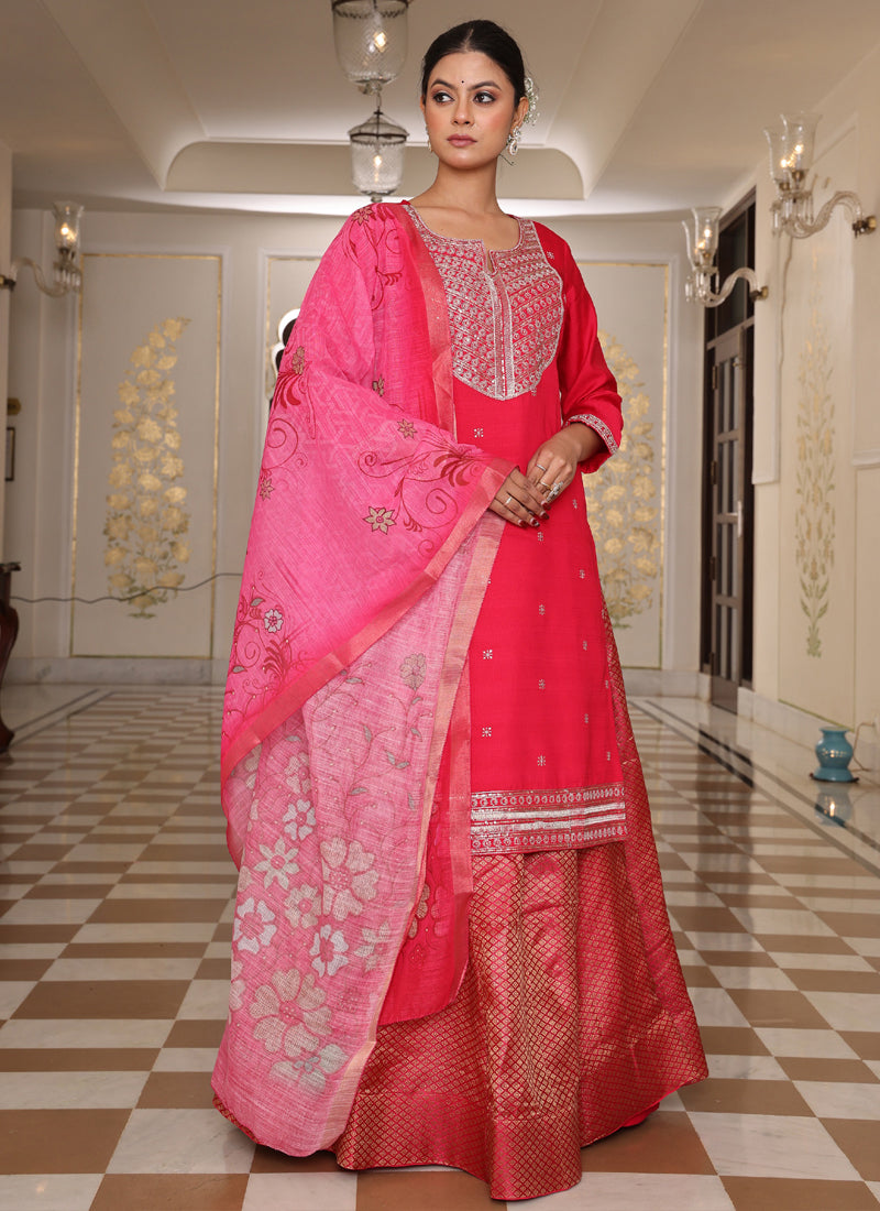 Prazu Fashion Pink Cotton Silk Embroidered Sequence Lehenga Style Suit