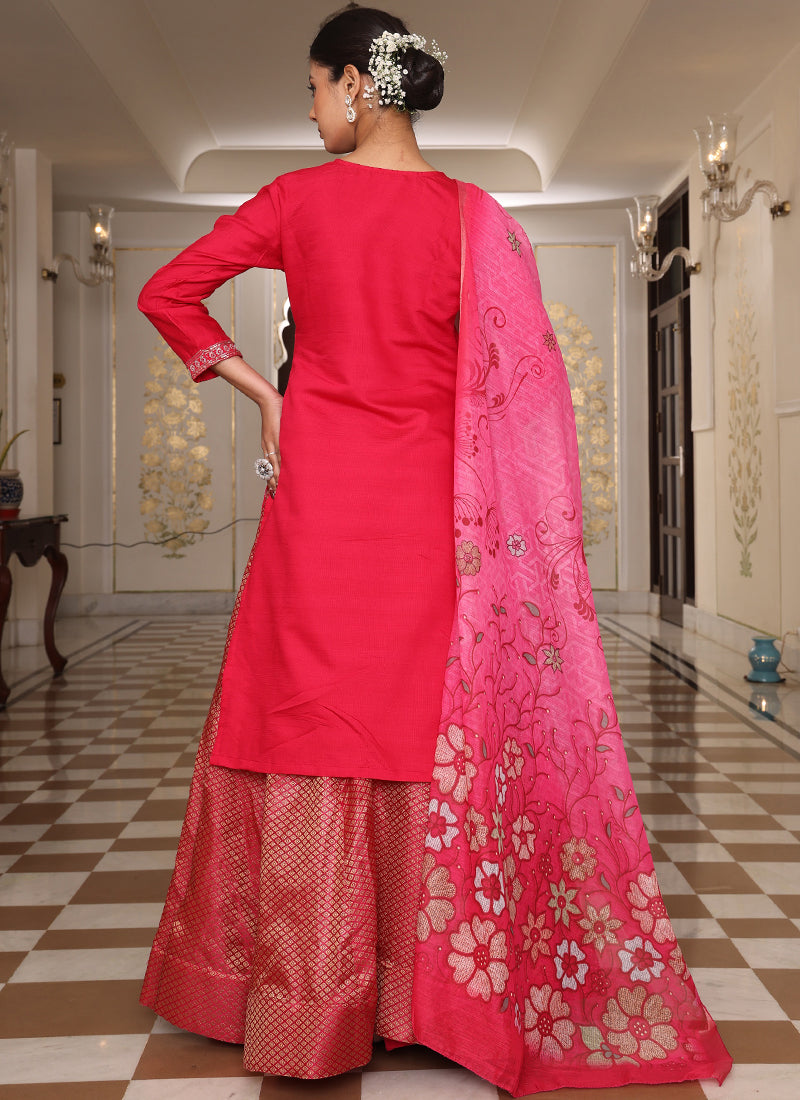 Prazu Fashion Pink Cotton Silk Embroidered Sequence Lehenga Style Suit