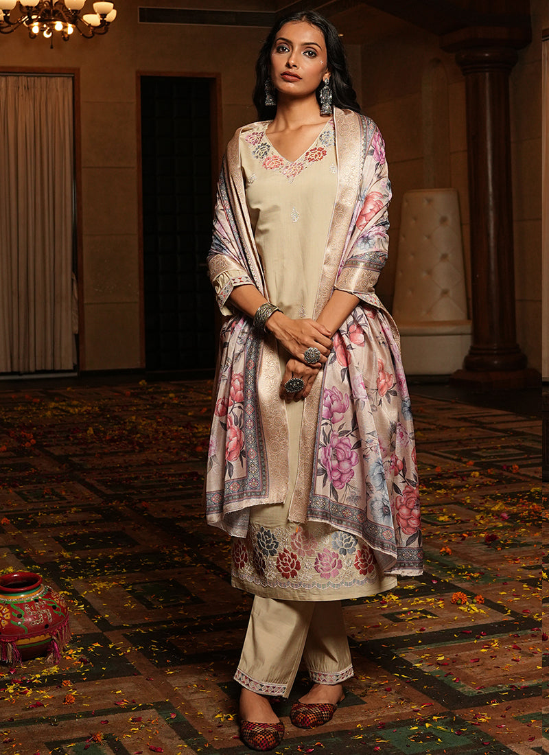 Prazu Fashion Beige Cotton Silk Thread Sequence Designer Salwar Suit