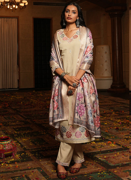 Prazu Fashion Beige Cotton Silk Thread Sequence Designer Salwar Suit