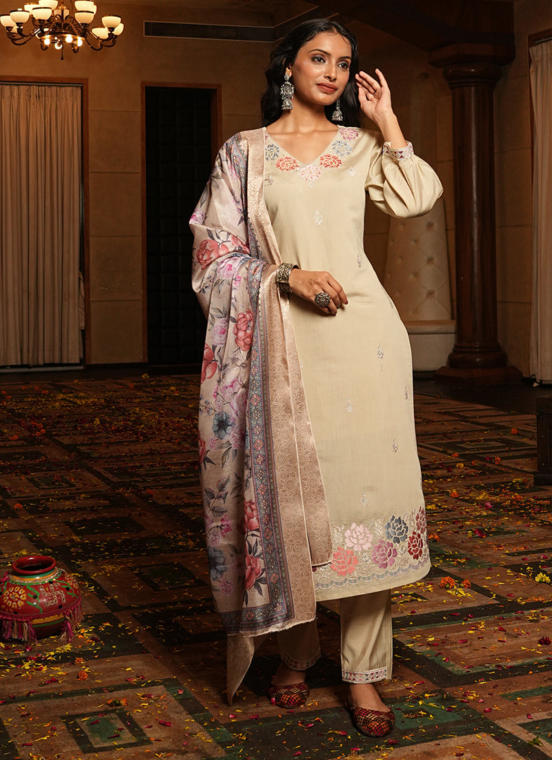 Prazu Fashion Beige Cotton Silk Thread Sequence Designer Salwar Suit