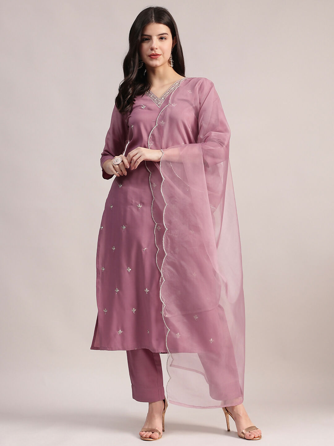 Aavyora Women Lavender Embroidered Chinon Kurta with Straight Pants & Organza Dupatta Set | Grab2Buy