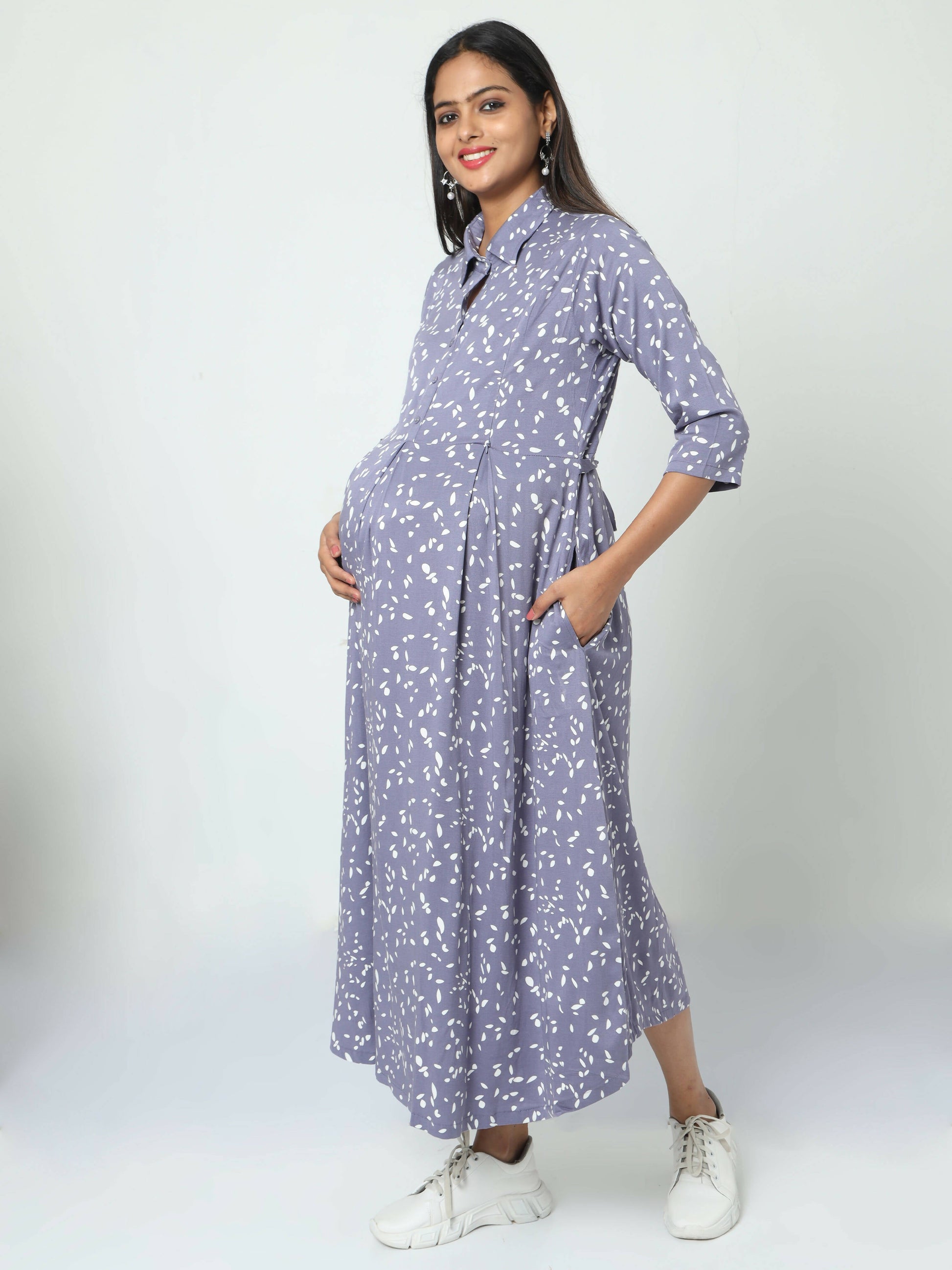 Manet Three Fourth Maternity Dress White Dot Print With Concealed Zipper Nursing Access - Blue