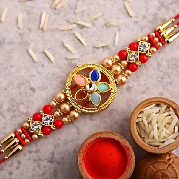 Flower Design Kundan Rakhi and Cadbury Silk Chocolates