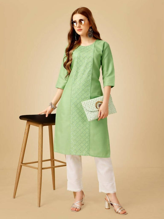 Aastha Fashion Women's Lime Green Cotton Blend Embroidered Kurta Pant Set - Grab2buy