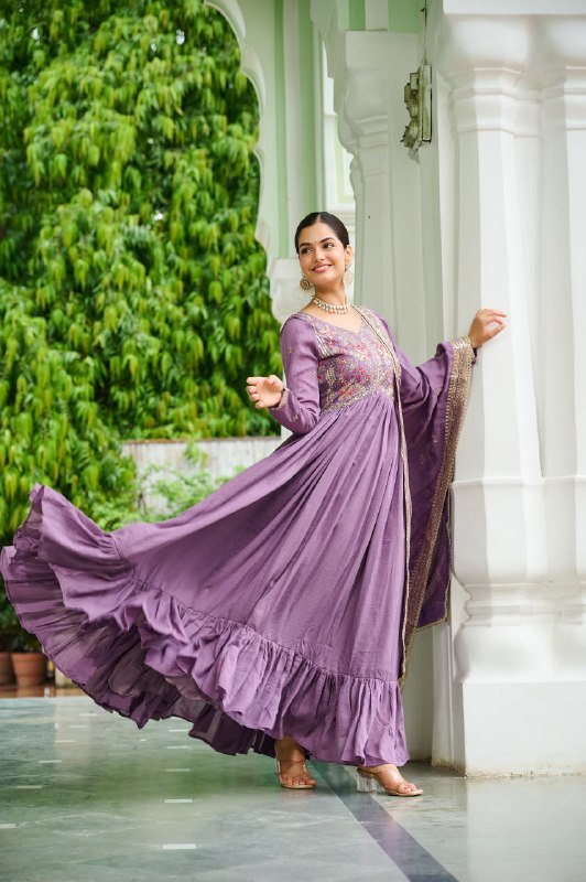 Lehenga Mart Premium Readymade Gown With Dupatta Set For Women-Lavender