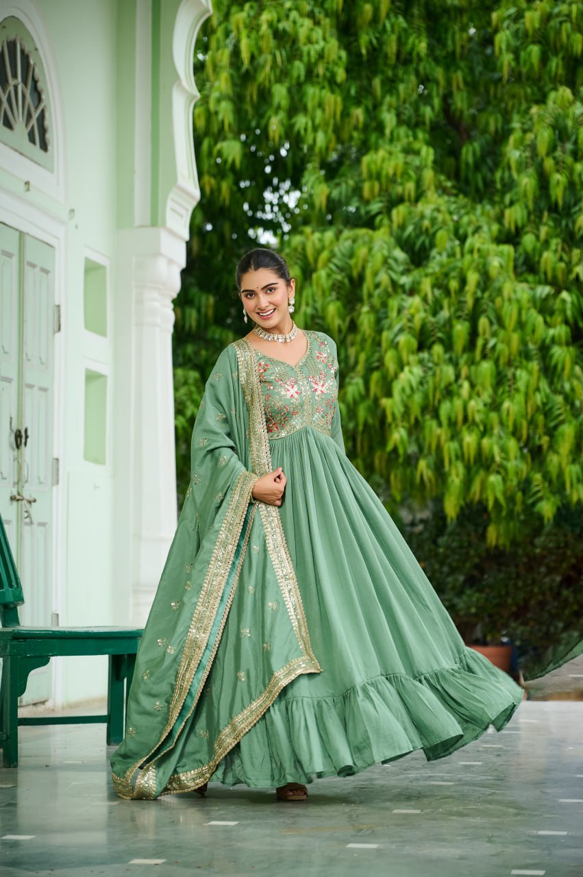 Lehenga Mart Premium Readymade Gown With Dupatta Set For Women-Pista Green