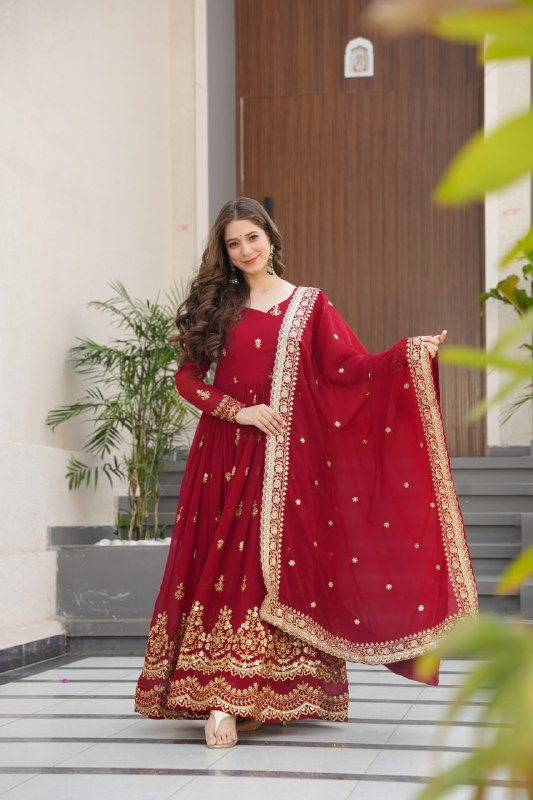 Lehenga Mart Premium Readymade Gown With Dupatta Set For Women-Maroon