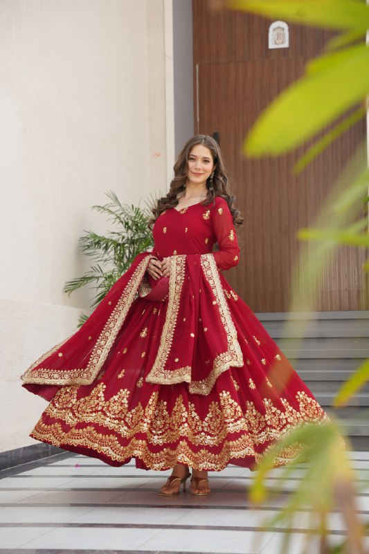 Lehenga Mart Premium Readymade Gown With Dupatta Set For Women-Maroon