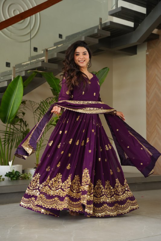 Lehenga Mart Premium Readymade Gown With Dupatta Set For Women-Purple