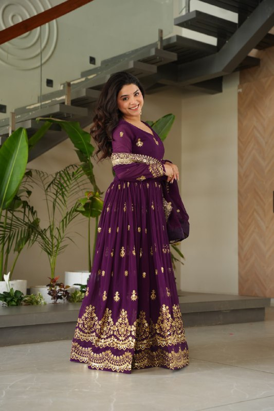 Lehenga Mart Premium Readymade Gown With Dupatta Set For Women-Purple