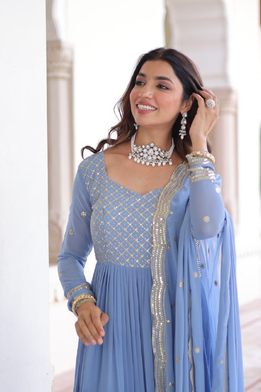 Lehenga Mart Premium Readymade Gown With Dupatta Set For Women-Sky Blue
