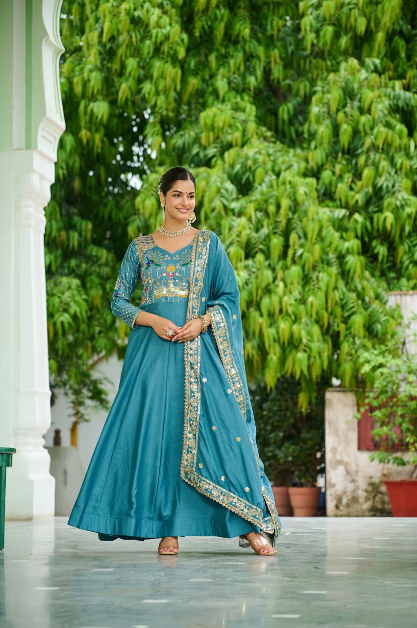 Lehenga Mart Premium Readymade Gown With Dupatta Set For Women-Sky Blue