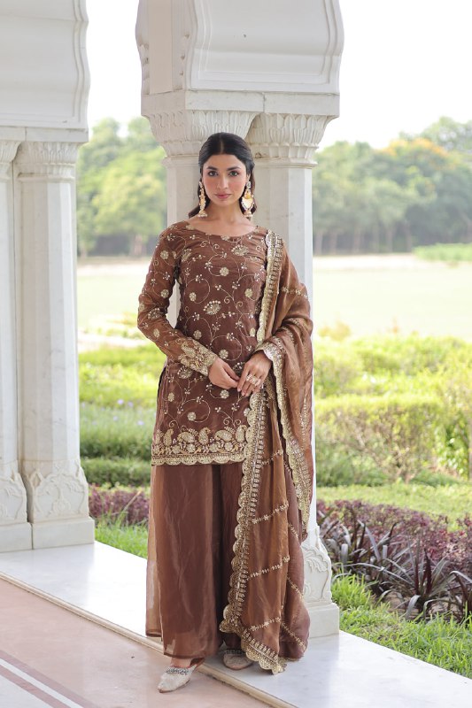 Lehenga Mart Premium Readymade Top Sharara With Dupatta Set For Women-Coffee