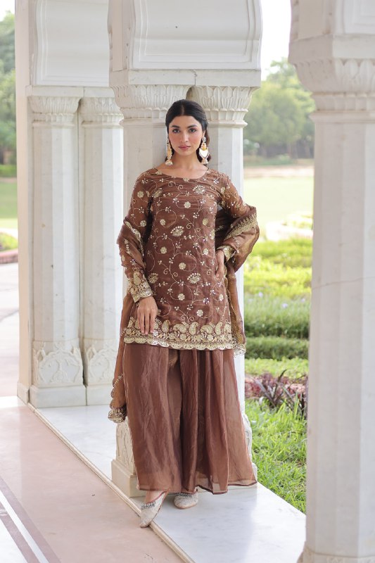 Lehenga Mart Premium Readymade Top Sharara With Dupatta Set For Women-Coffee