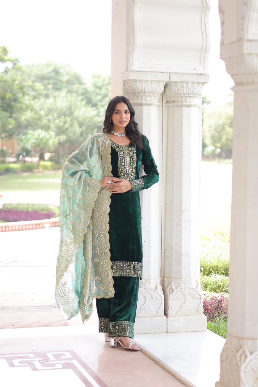 Lehenga Mart Designer Velvet Ready To Wear Kurta Pant With Dupatta For Women-Green