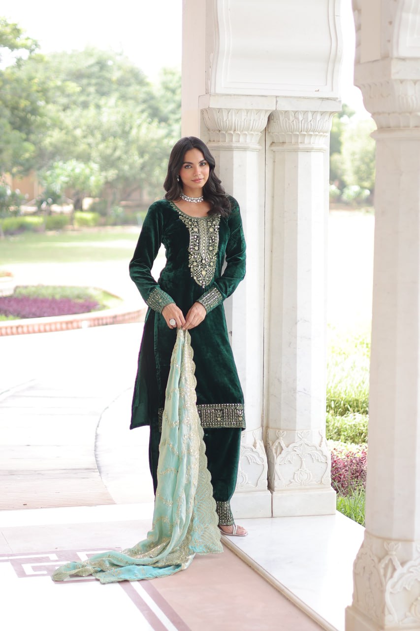 Lehenga Mart Designer Velvet Ready To Wear Kurta Pant With Dupatta For Women-Green