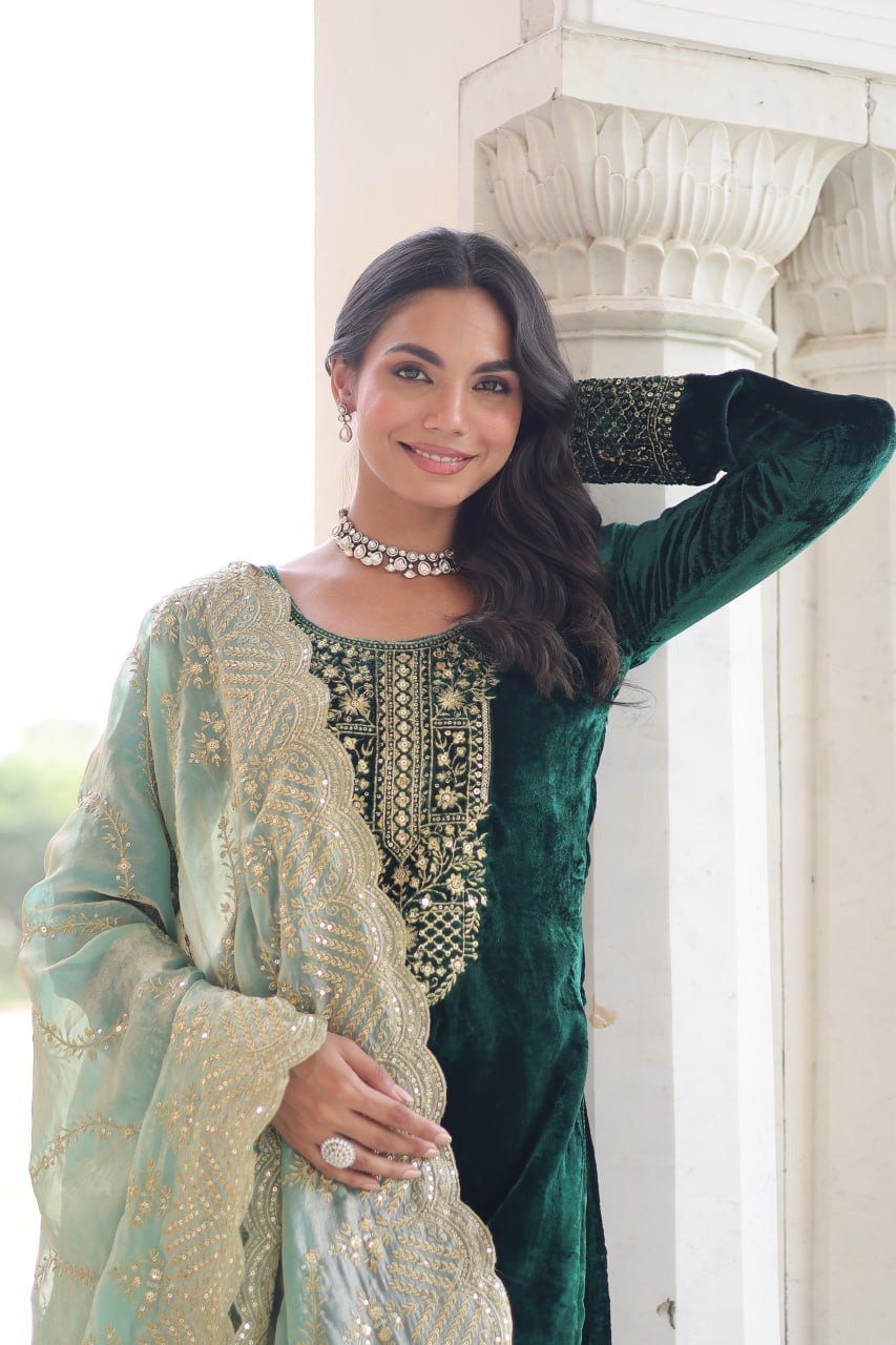Lehenga Mart Designer Velvet Ready To Wear Kurta Pant With Dupatta For Women-Green