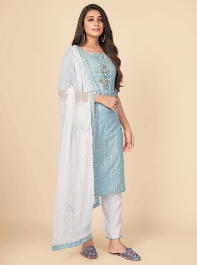 NOZ2TOZ Women's Printed & Hand Work Straight Cotton Sky Blue Kurta Pant With Dupatta (3Pcs Set) 