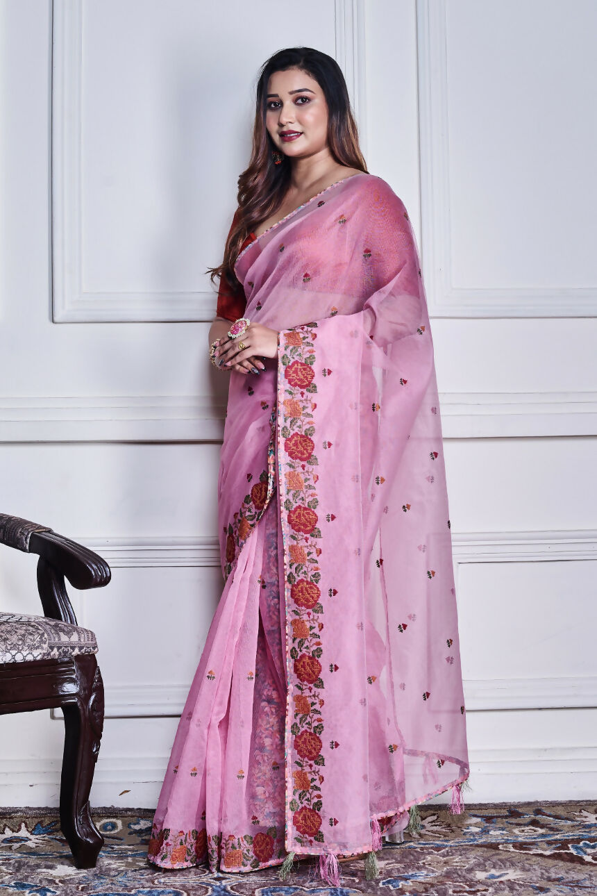 Morchari Pink Supernet Cross Embroidery Saree Unstitched Blouse