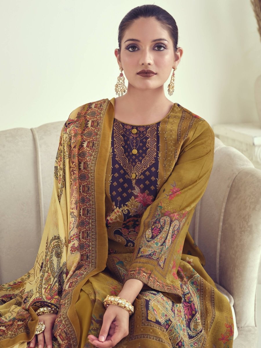 Aastha Fashion Women's Mustard Muslin Floral Digital Print with Resham Thread work Kurta with Trouser & Dupatta - Grab2buy