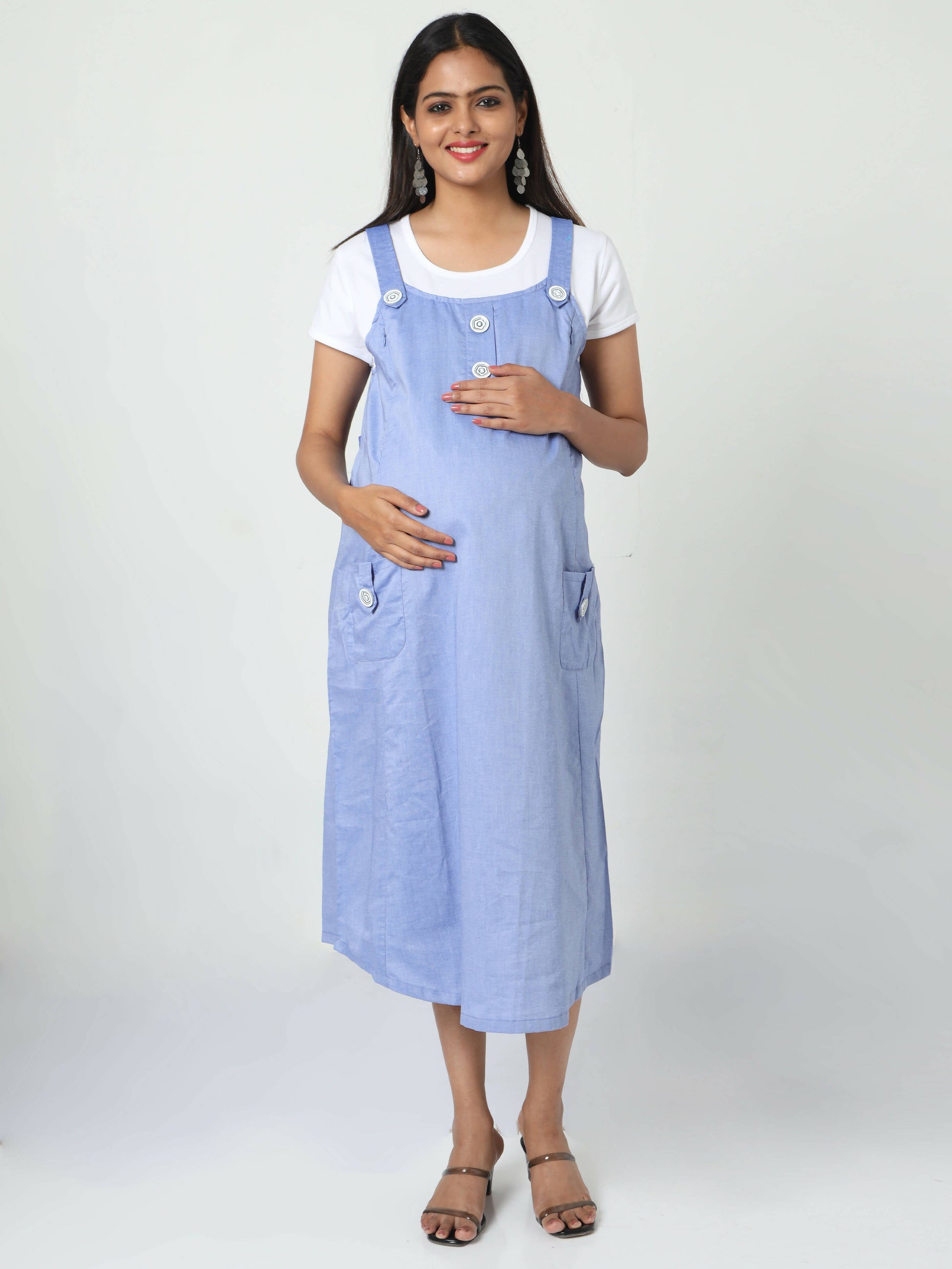 Manet Half Sleeves Solid Maternity Dress With Concealed Zipper Nursing Access - Blue