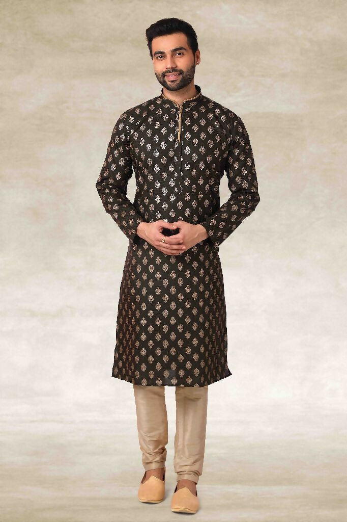 Raivat Ethnic Cotton Printed Work Kurta Pajama In Mehendi Green Colour