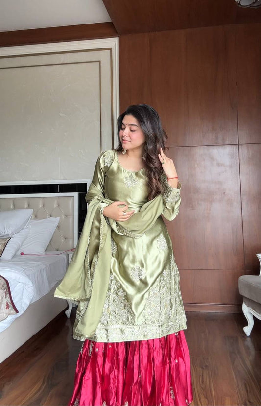 Prazu Fashion Pista Green Satin Silk Embroidered Sharara Suit
