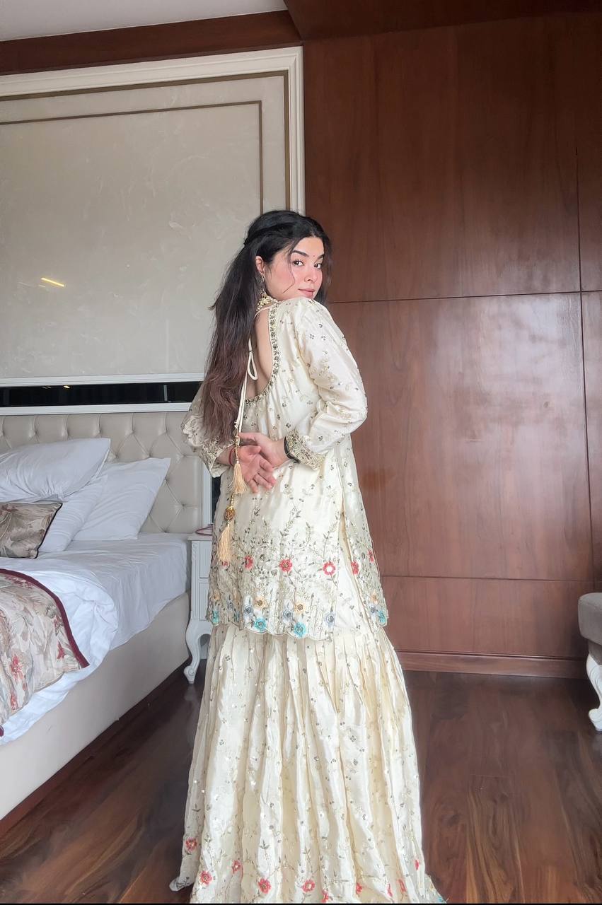 Prazu Fashion Off White Chinon Silk Embroidered Sharara Suit