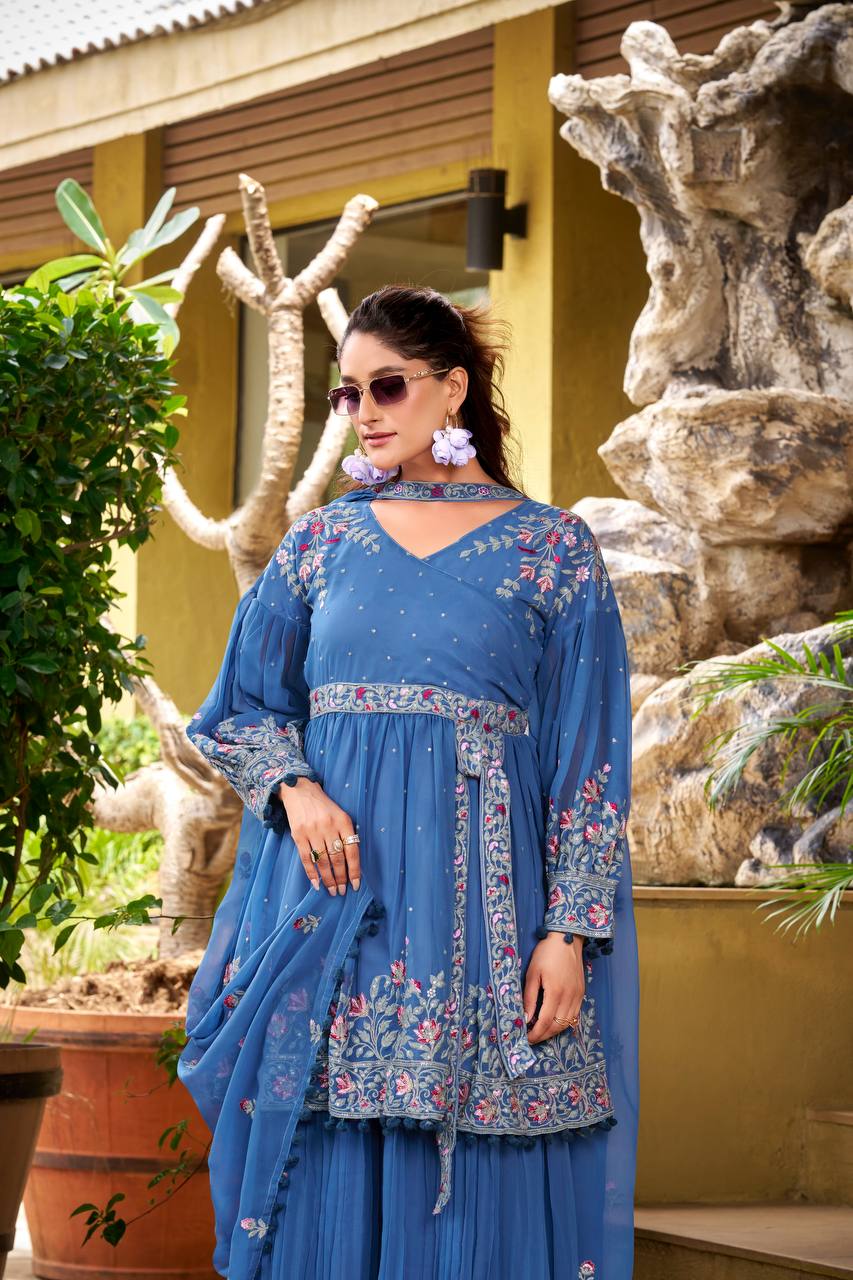 Prazu Fashion Dark Sky Blue Georgette Embroidered Designer Palazzo Suit