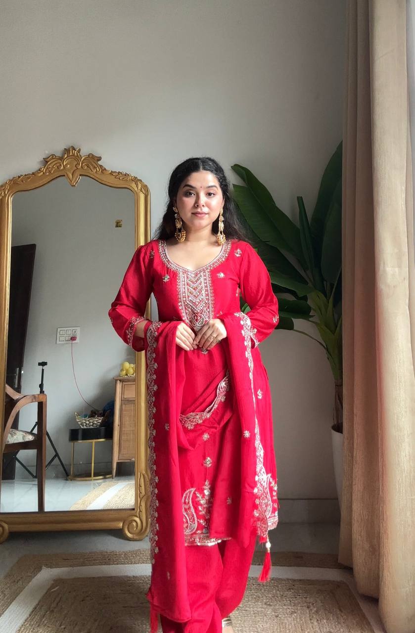 Prazu Fashion Red Chinon Silk Sequin Embroidered Salwar Suit