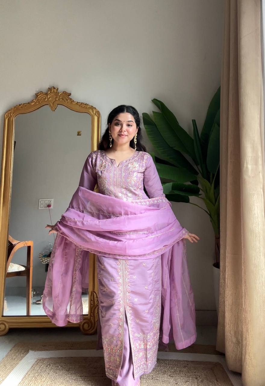 Prazu Fashion Lavender Roman Silk Sequin Embroidered Palazzo Suit