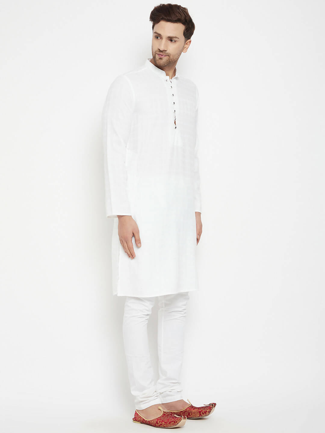 Even Apparels White Viscose Long Men's Kurta With Band Collar 