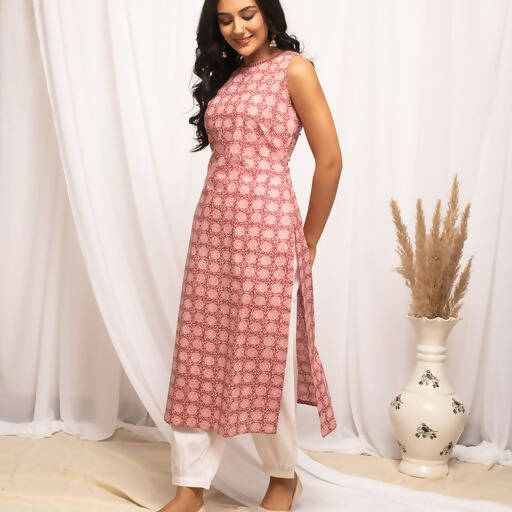 FIORRA Women's Floral Printed Pink Cotton Straight Kurta 