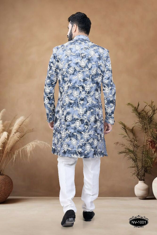 Joban Fashion Men's Blue Straight Swed Velvet Thread & Sequence Embroidery All Over Indo-Western Kurta Set