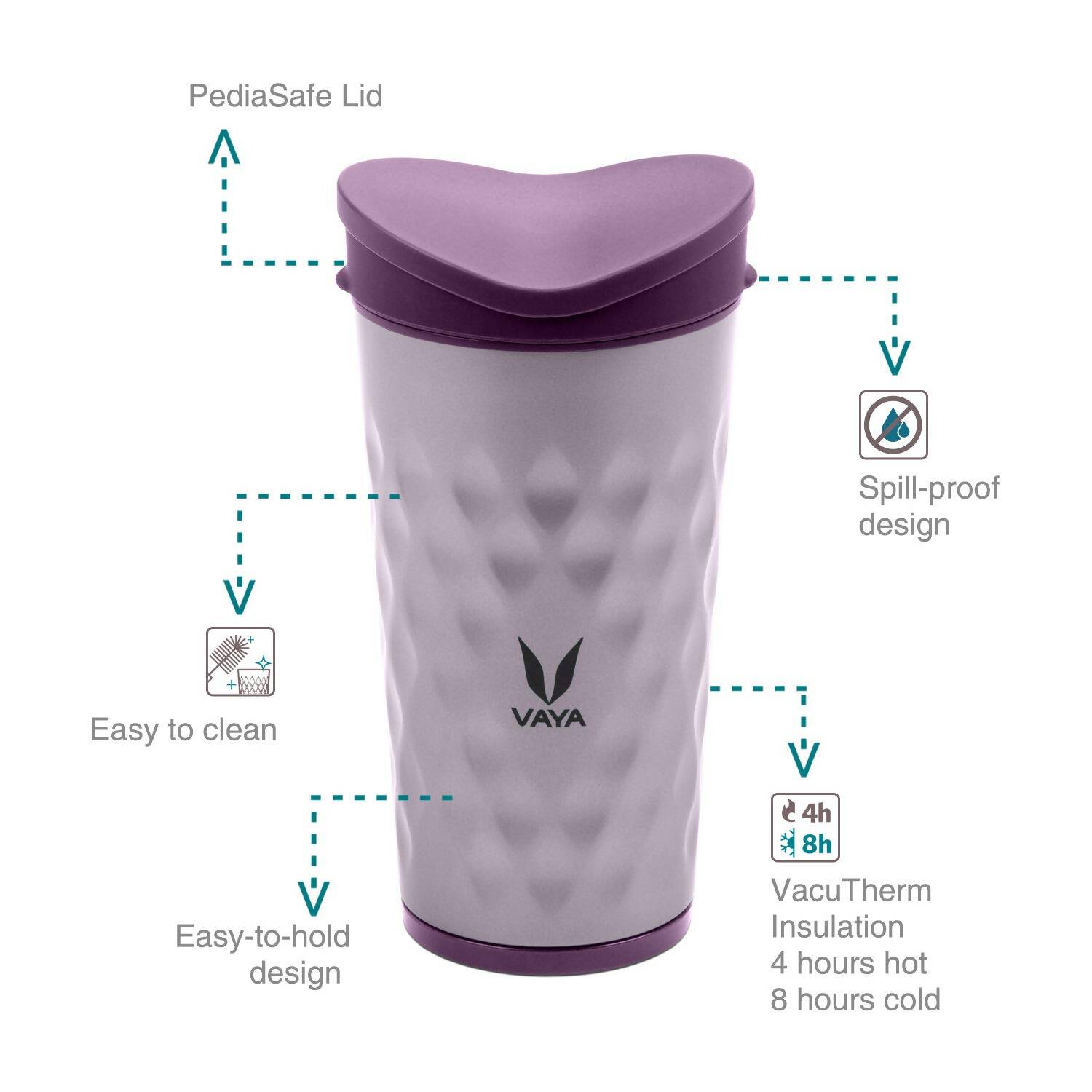Vaya Drynk Stainless Steel Tumbler with Spill-Proof PediaSafe Lid - 350ml (Purple) 