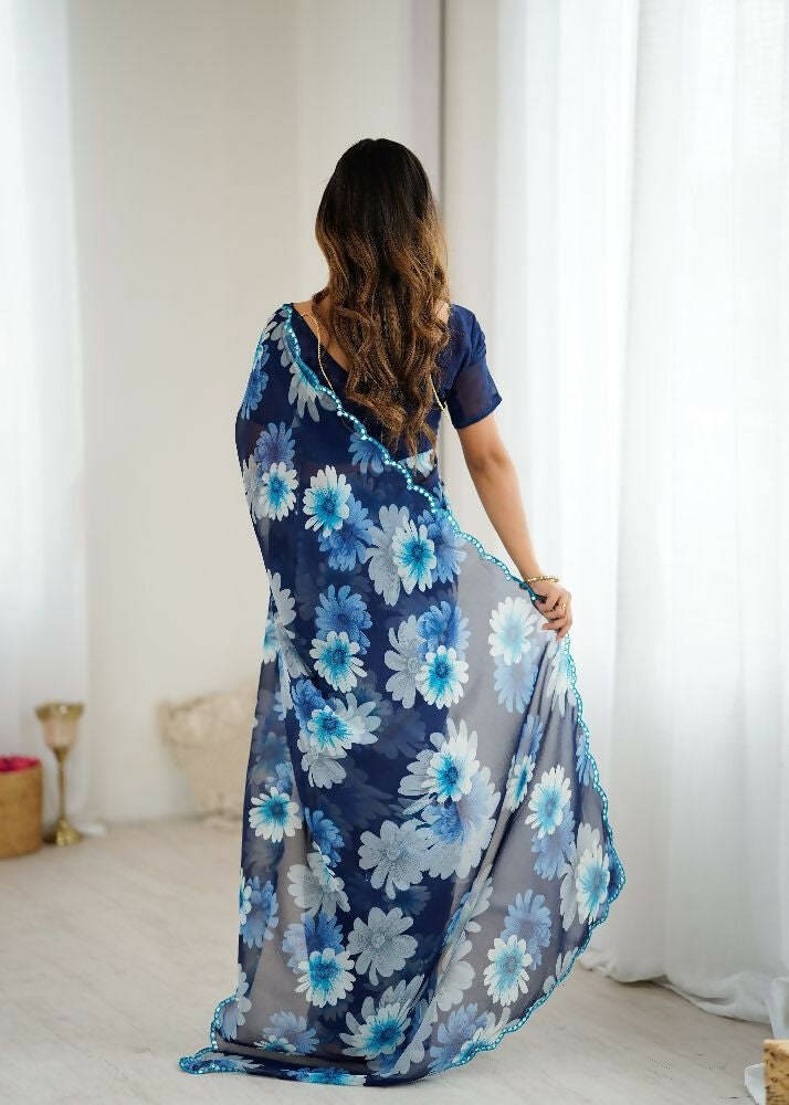 PR Fashion Blue Georgette Printed With Mirror Work Saree