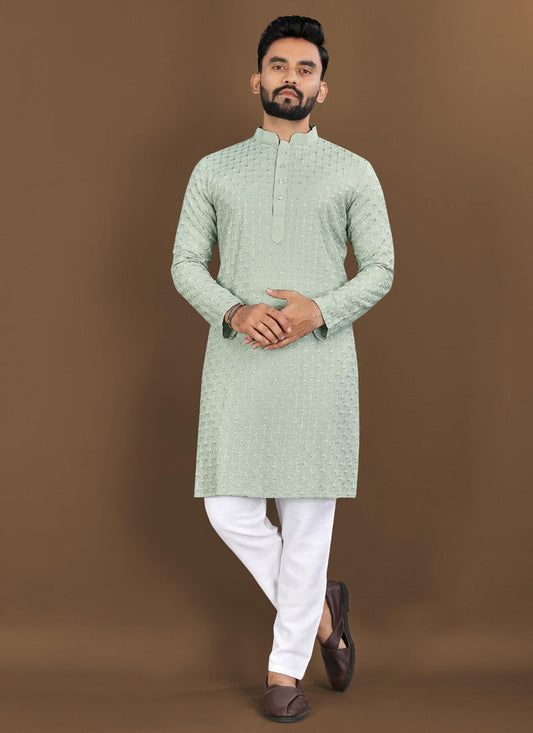 Prazu Fashion Pista Green Rayon Embrodered Kurta With Pajama