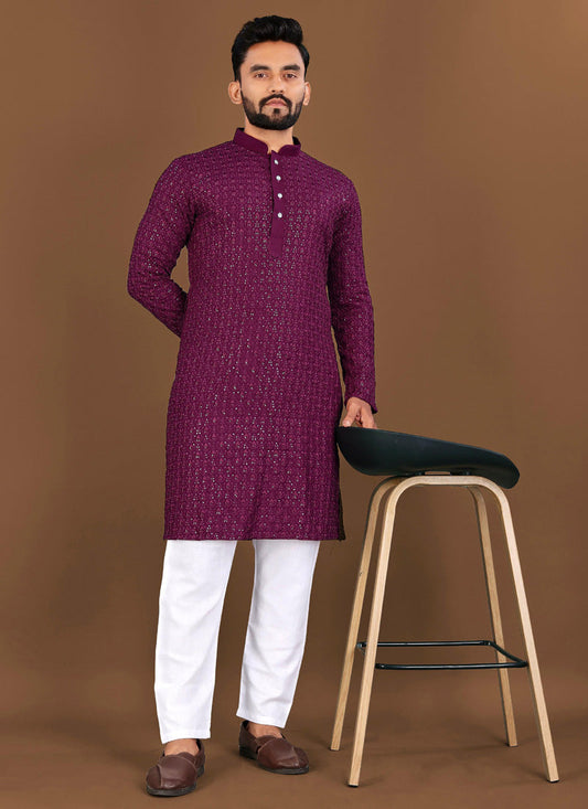 Prazu Fashion Wine Rayon Embrodered Kurta With Pajama