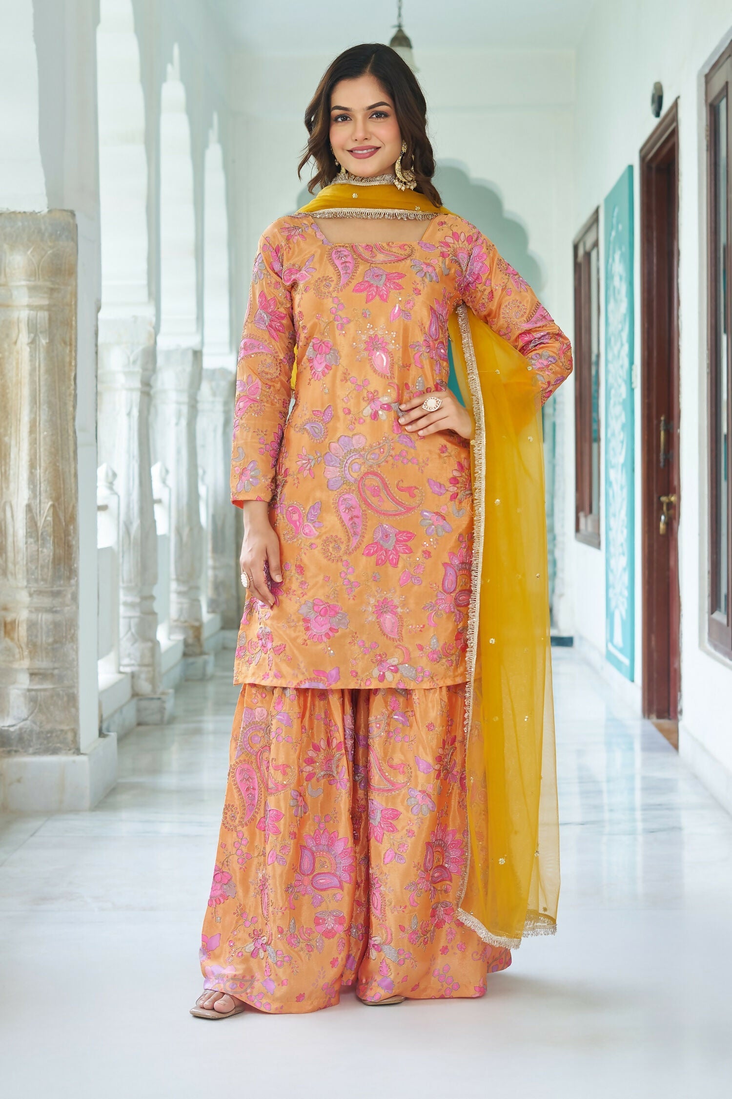 Joban Fashion Yellow Chinnon Embroidery Sequence Work Readymade Kurta Set
