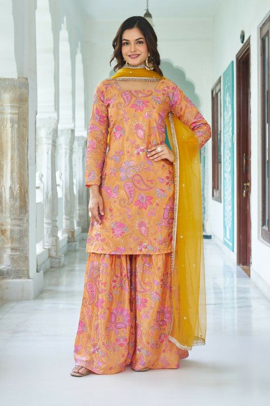 Joban Fashion Yellow Chinnon Embroidery Sequence Work Readymade Kurta Set