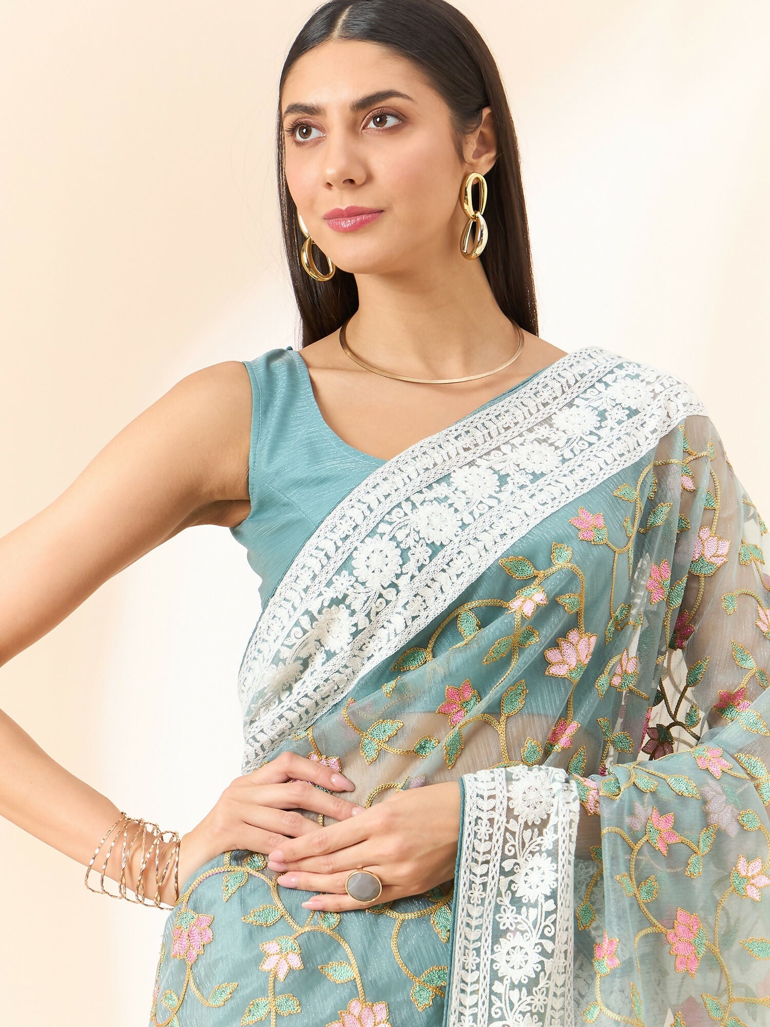 Blue Organza Floral Embroidered Saree with Unstitched Blouse Piece - Roozal