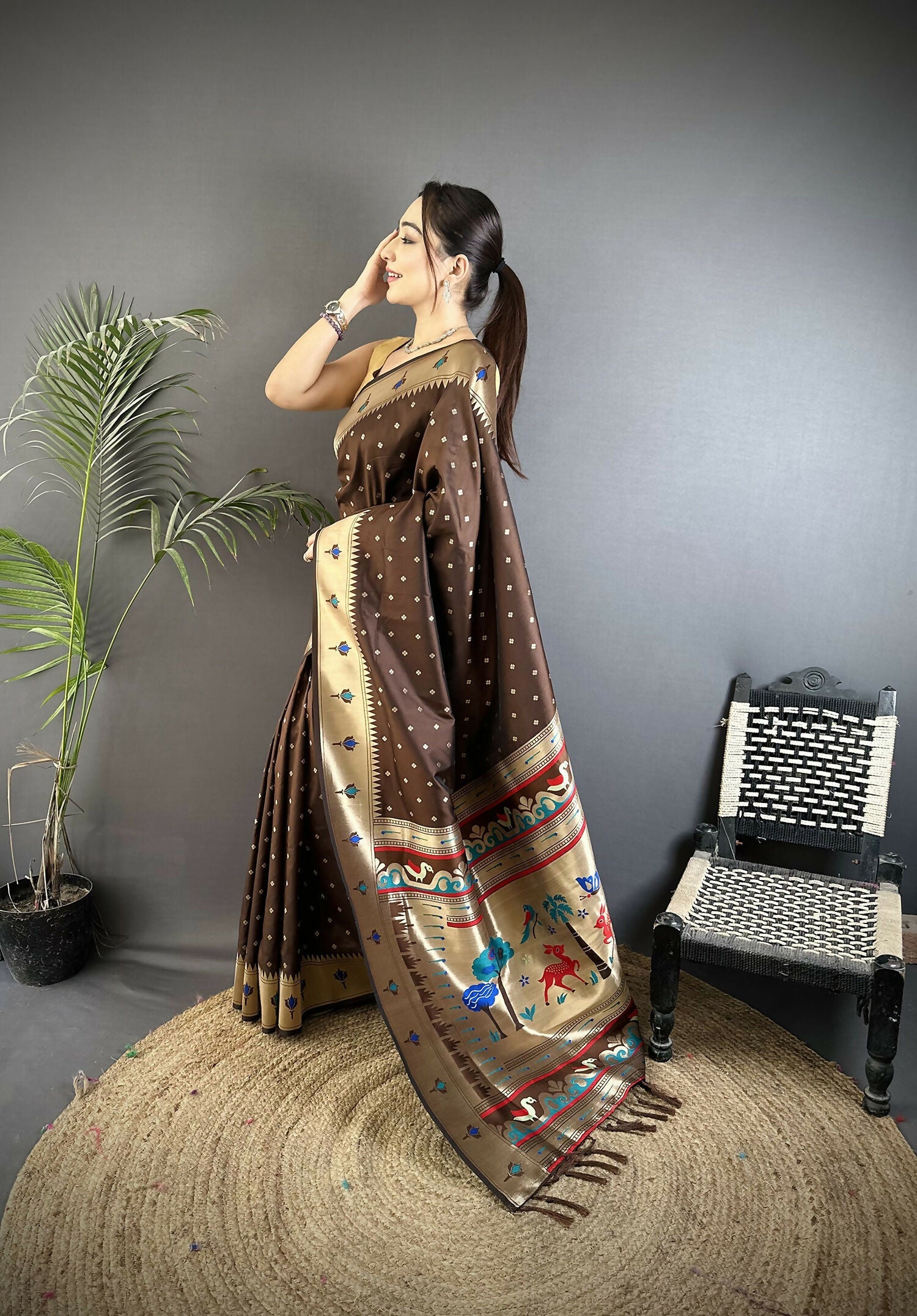 Joban Fashion Brown Peacock & Floral Motifs Soft Lichi Silk Kanchipuram Saree