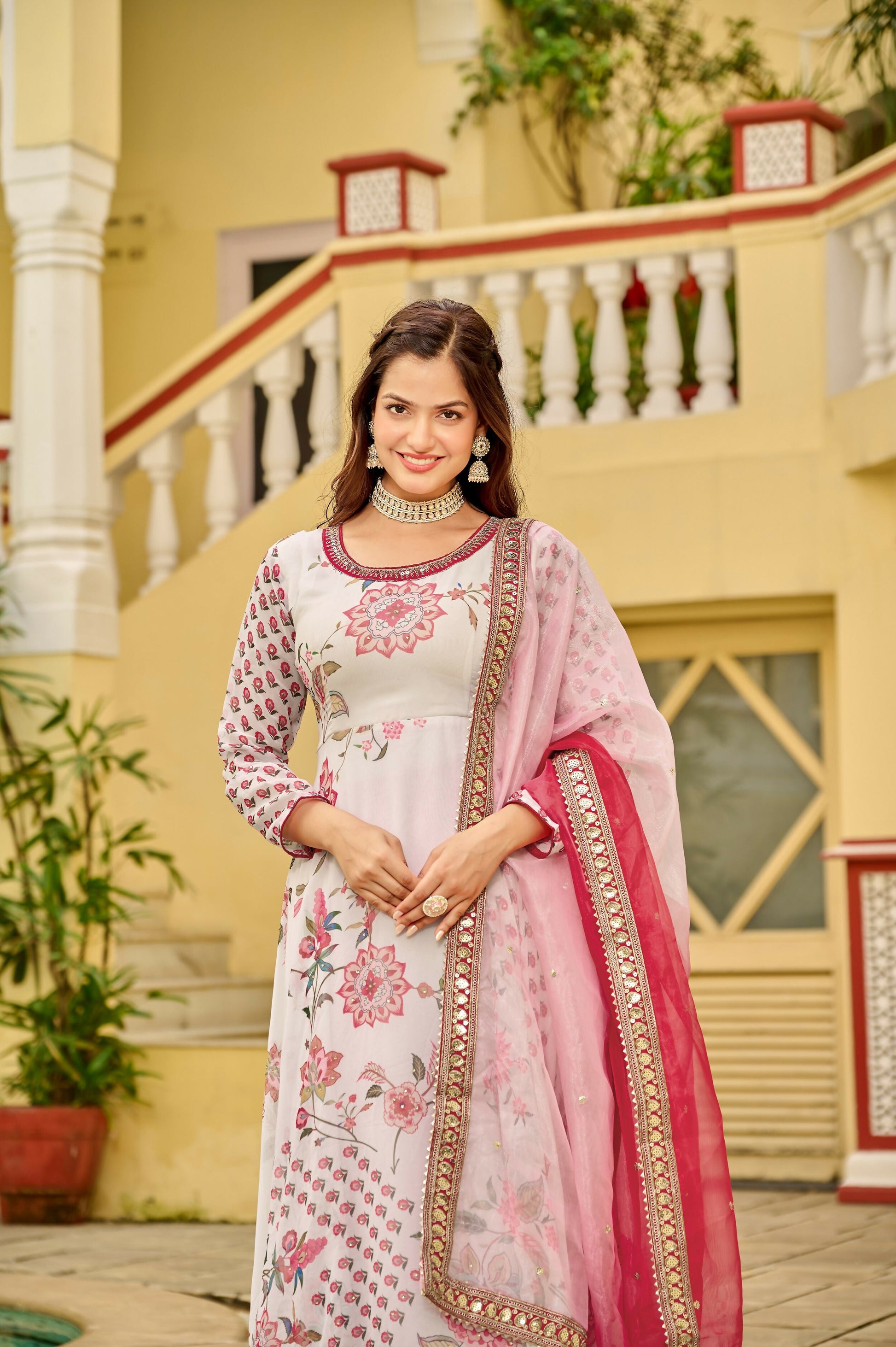 Joban Fashion Pink & White Georgette Embroidery Sequence Work Readymade Kurta Set