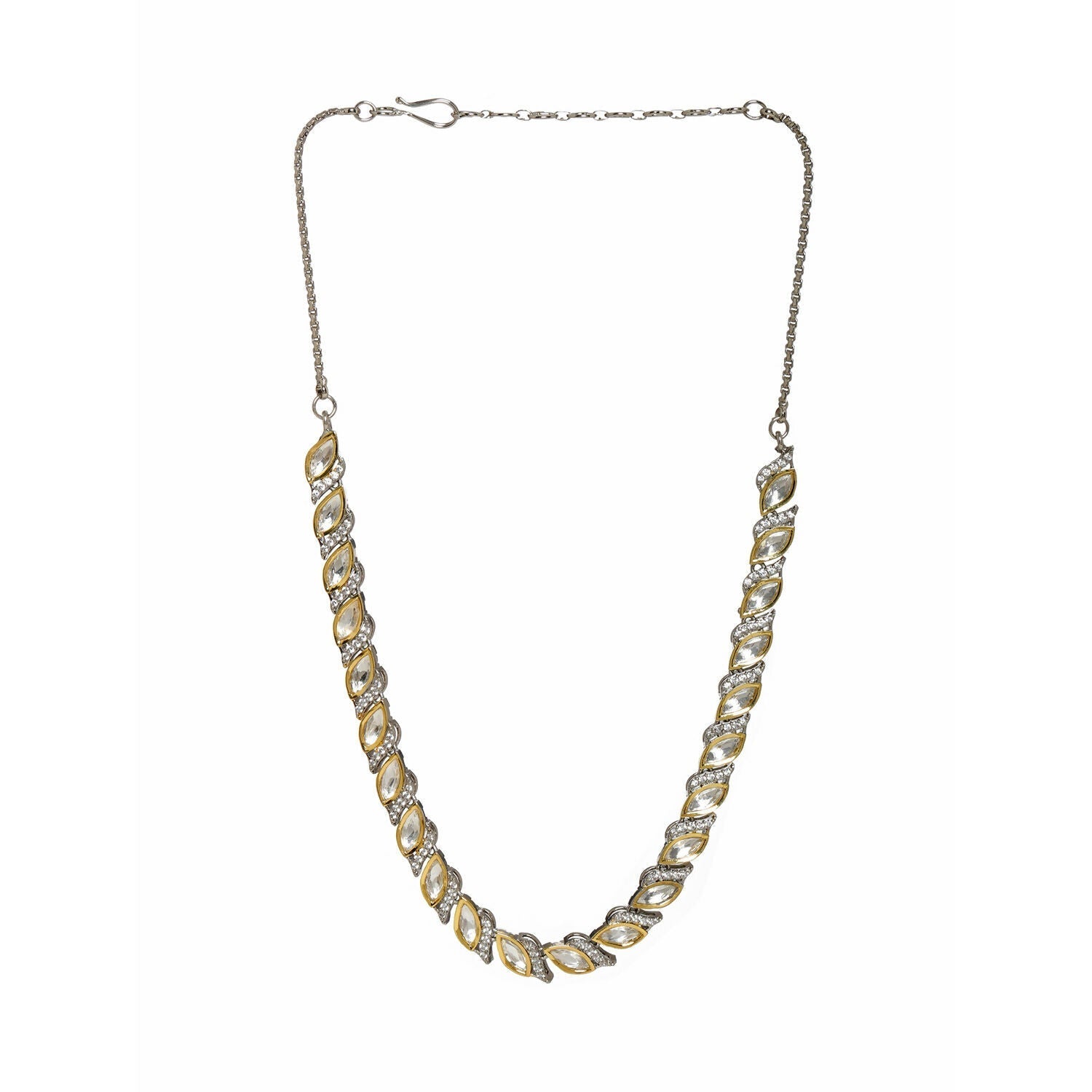 Leaf Shaped Neckpiece in Dual Tone Kundan and American Diamonds (Silver) - Ruby Raang | Swadesiicart