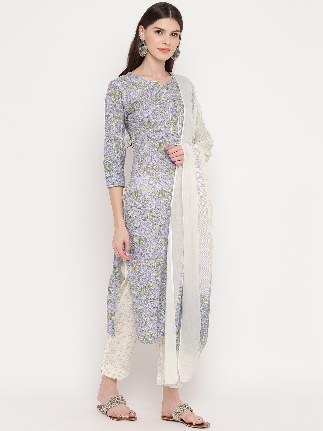 NOZ2TOZ Women's Purple Printed Kurta With Palazzo & Dupatta Set (Set of 3) 