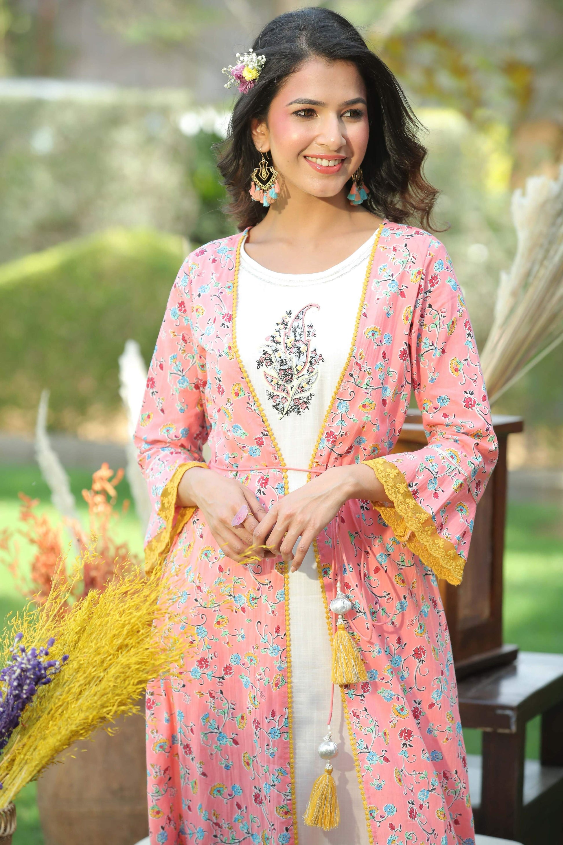 Juniper Coral Floral Printed Cotton Lacy Jacket Style Kurta With Thread Work & Dori At Waist